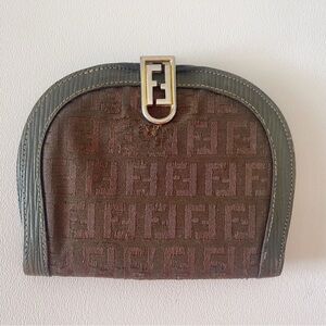 Fendi Wallet Zucca Demi-Lune Bi-Fold Coin Purse Vintage Luxury Brown Green